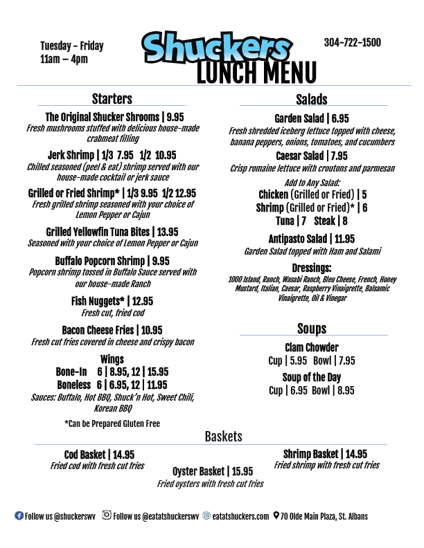 Shuckers Menu - Lunch Service