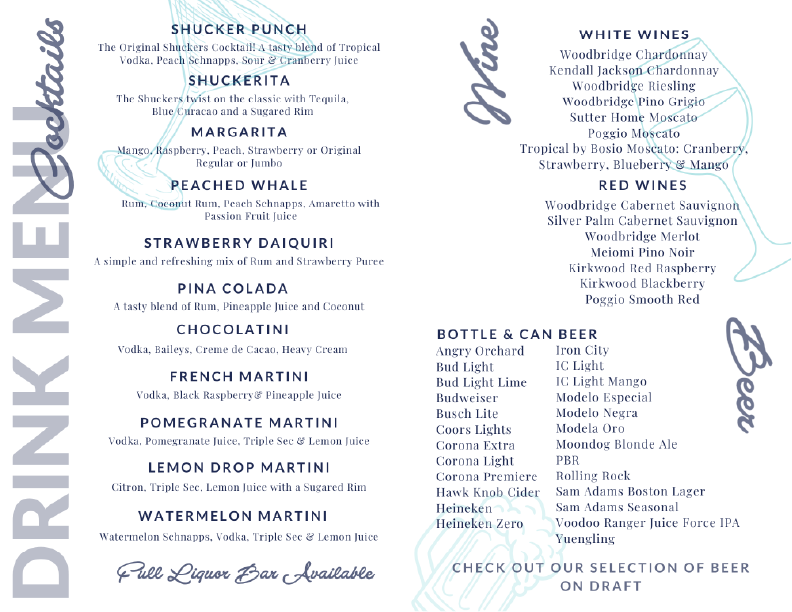 Shuckers Menu - Specialty Drinks, Cocktails, On Tap