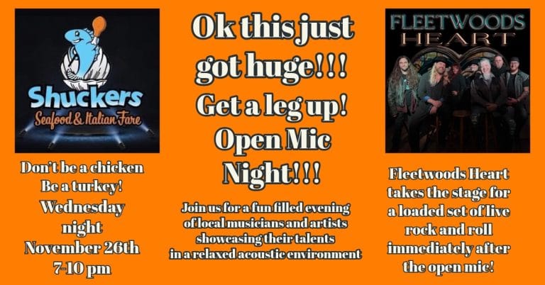 Open Mic Night at Shuckers Seafood & Italian Fare in St. Albans WV – local musicians performing live on Wednesday, November 26 from 7 to 10 PM.